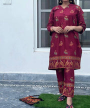 2pcs Linen Stitched - Women's Block Printed Linen Suit