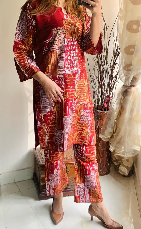 2Pcs Womens Stitched Linen Printed Suit